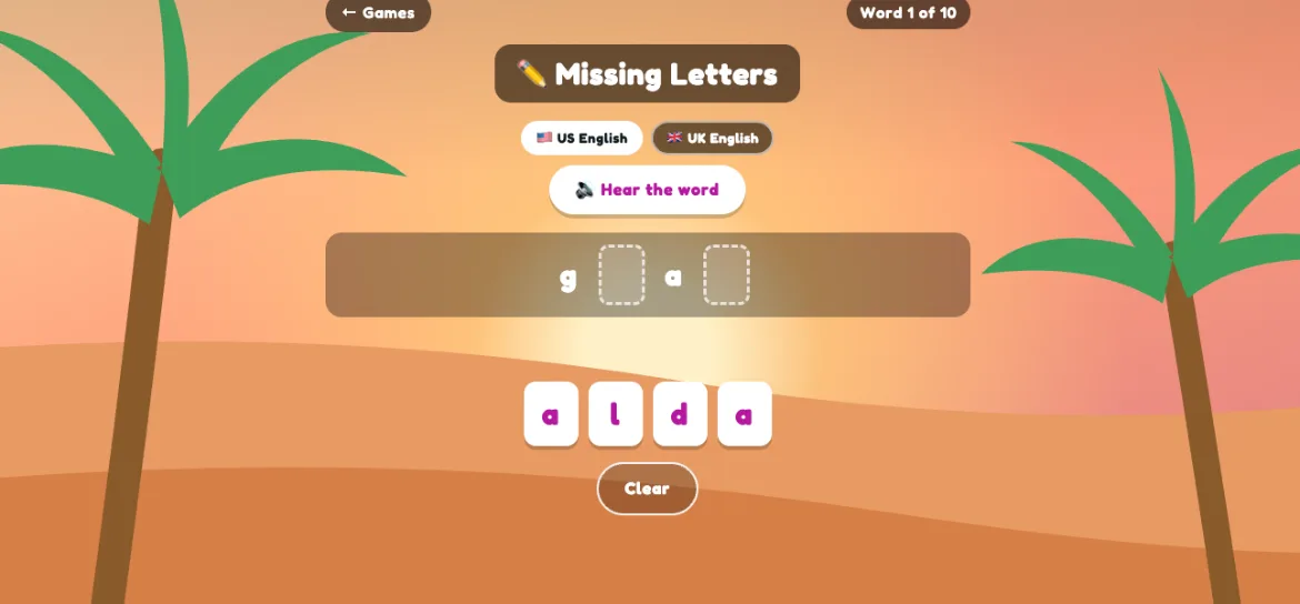 Missing Letters game screen: the word g _ _ d with letter tiles l, s, l, a below it