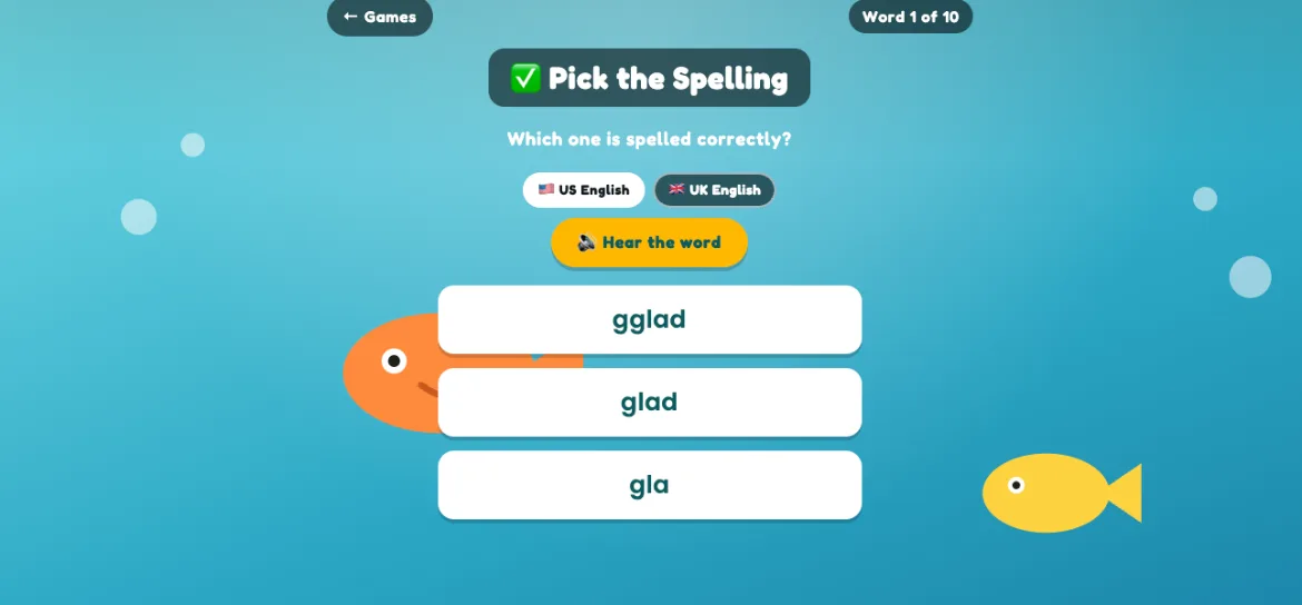 Pick the Spelling game screen asking which one is spelled correctly, with the options gald, gld and glad
