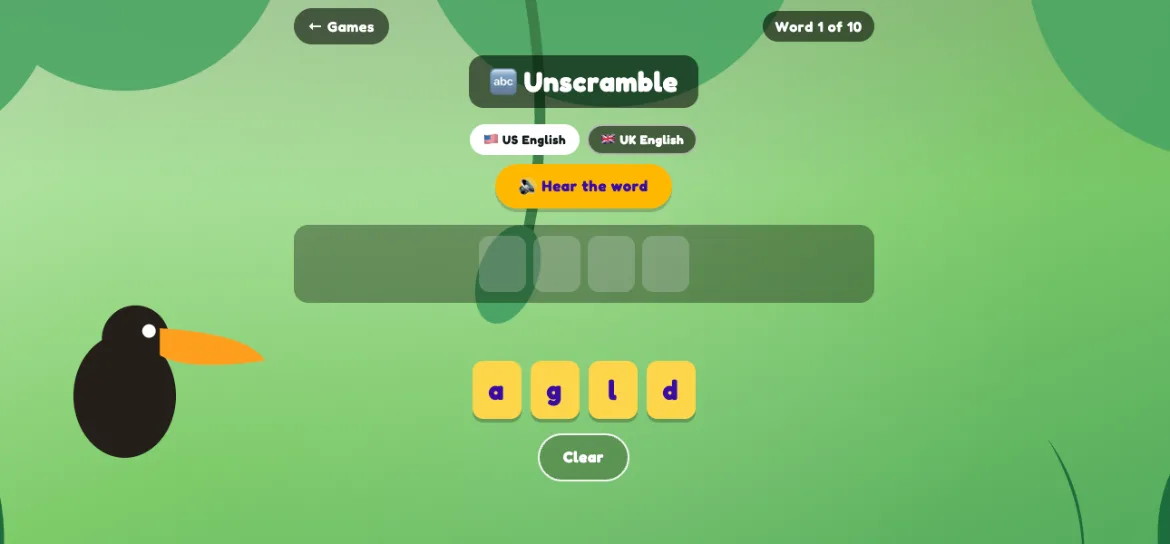 Unscramble game screen: letter tiles g, l, d, a to drag into a word slot, with US and UK English options and a Hear the word button