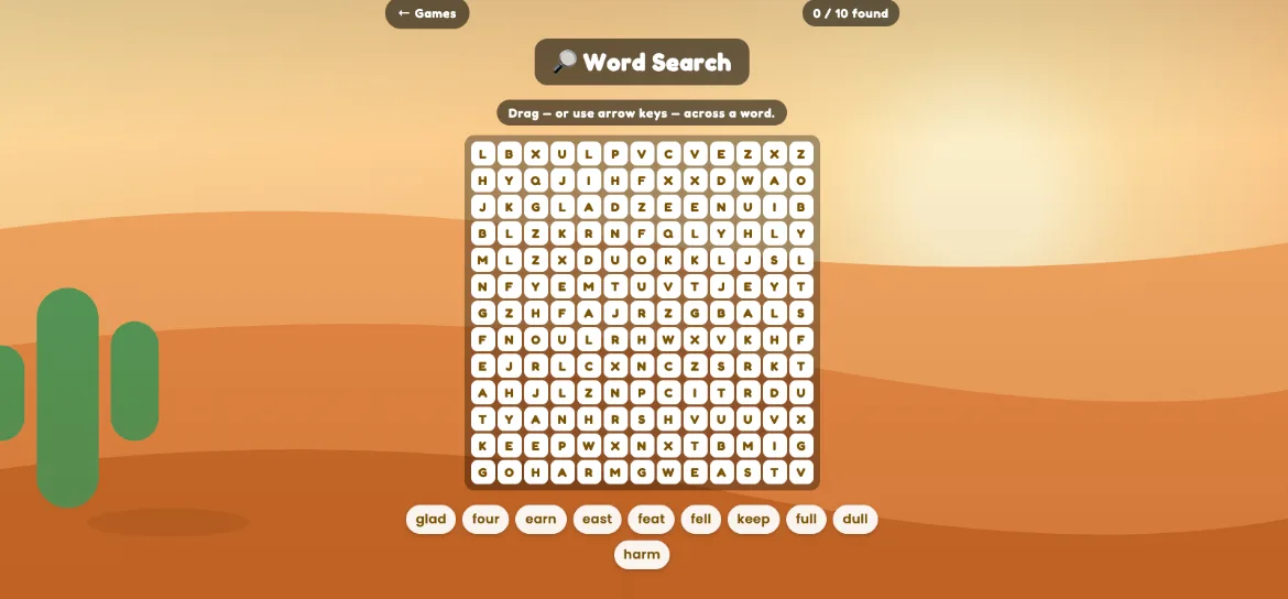 Word Search game screen: a letter grid with the instruction to drag or use arrow keys across a word