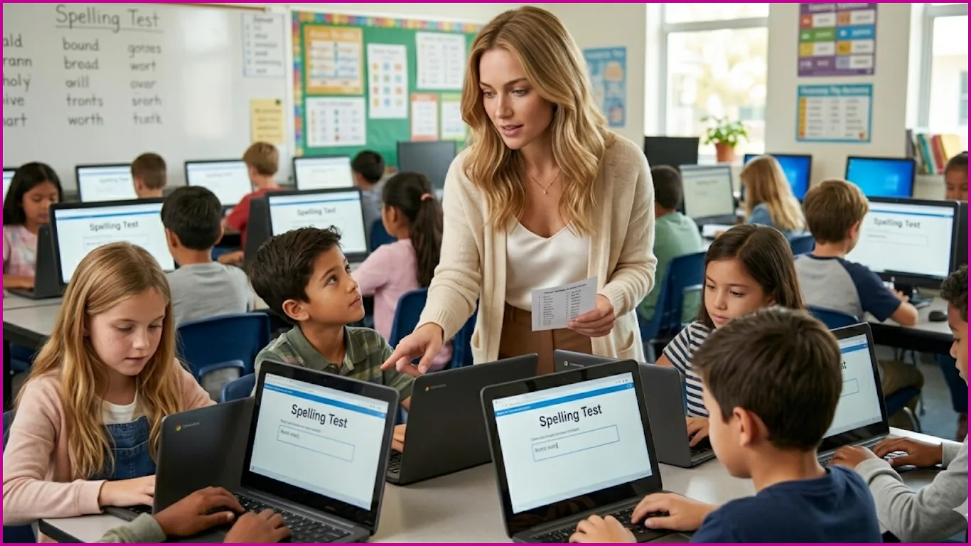 A teacher holding a printed spelling list leans over a table of elementary students taking a spelling test on laptops.